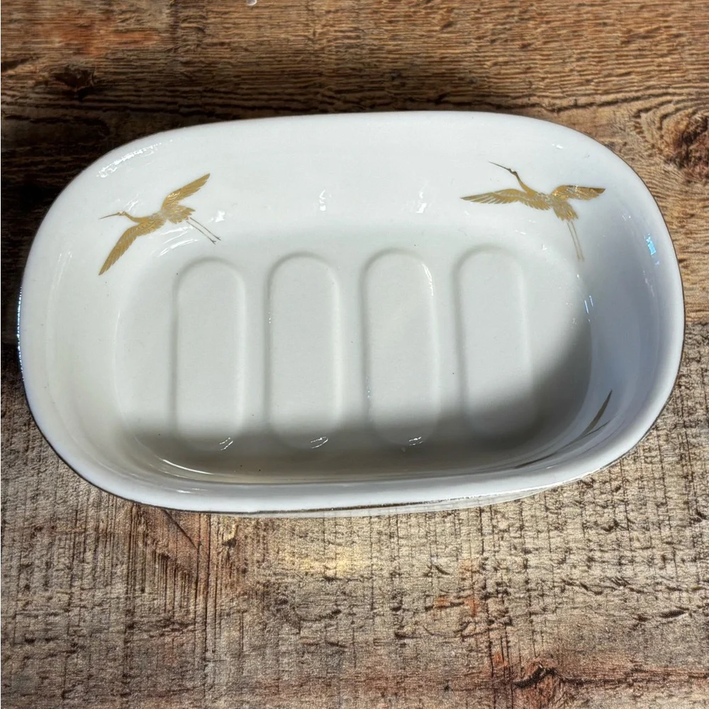Vintage Takahashi Gold Hand Decorated Cranes Soap Dish Water Cup Toothbrush